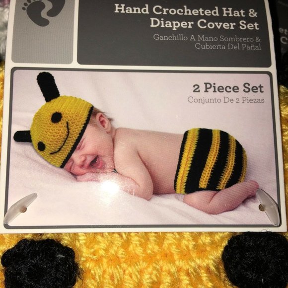 Hand Crocheted Hat And Diaper Cover Bumble Bee Sz 0-9 Months Infant Baby Photo - Picture 4 of 12